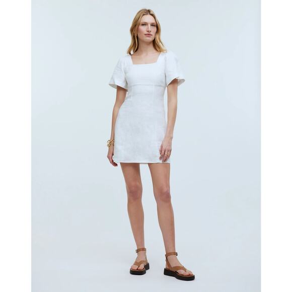 NWT Madewell Square-Neck Mini Dress in 100% Linen Eyelet White Size 8 - Picture 1 of 10
